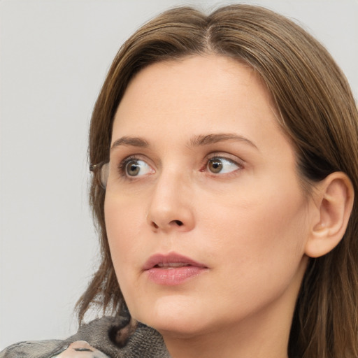 Neutral white young-adult female with medium  brown hair and grey eyes