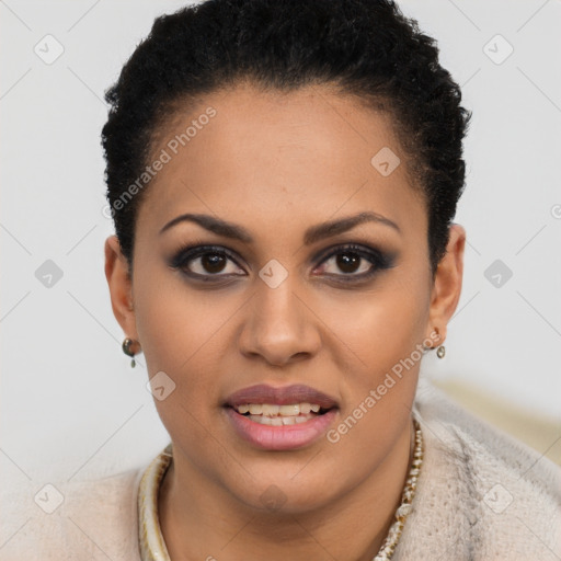 Joyful latino young-adult female with short  brown hair and brown eyes