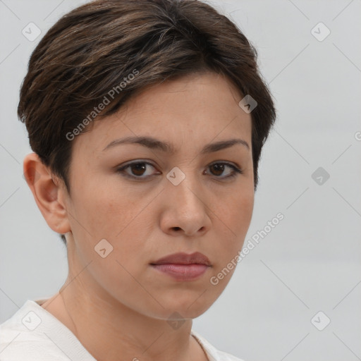 Neutral white young-adult female with short  brown hair and brown eyes