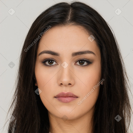 Neutral asian young-adult female with long  brown hair and brown eyes