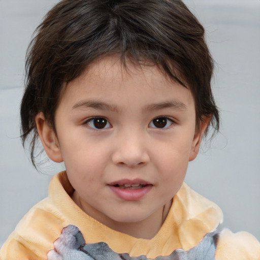 Joyful white child female with medium  brown hair and brown eyes
