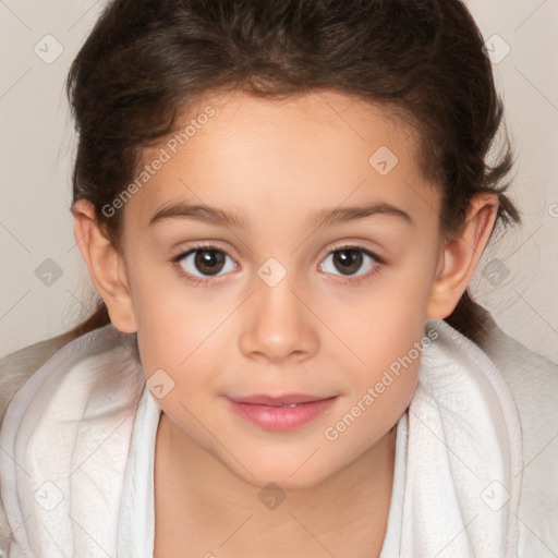 Joyful white child female with medium  brown hair and brown eyes