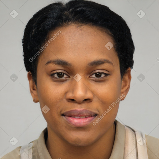 Joyful latino young-adult female with short  black hair and brown eyes