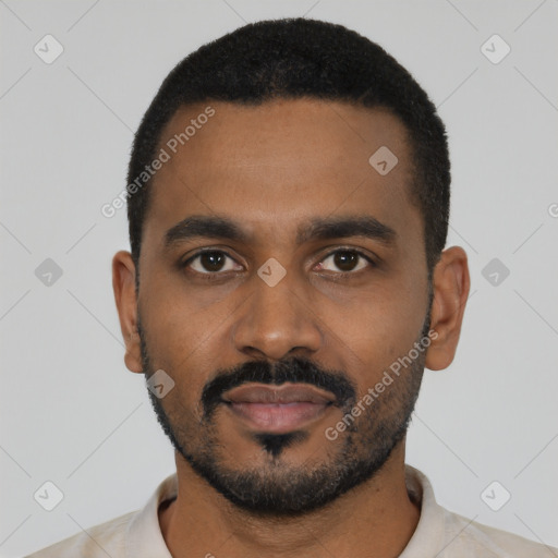 Neutral black young-adult male with short  black hair and brown eyes