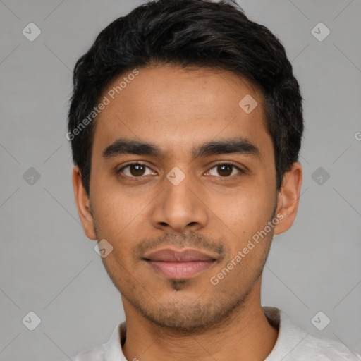 Neutral latino young-adult male with short  black hair and brown eyes