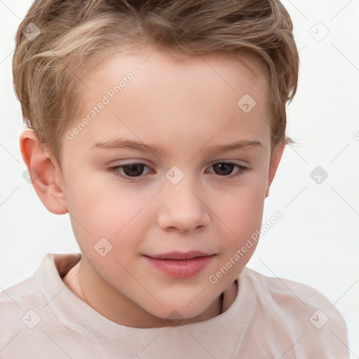 Joyful white child female with short  brown hair and brown eyes