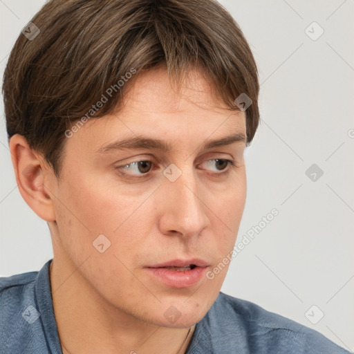 Neutral white young-adult male with short  brown hair and brown eyes