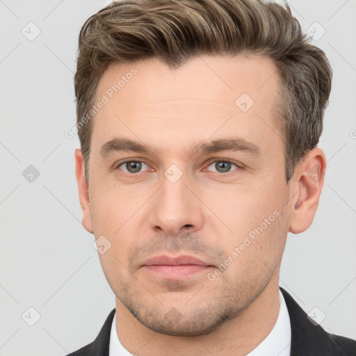 Neutral white young-adult male with short  brown hair and brown eyes