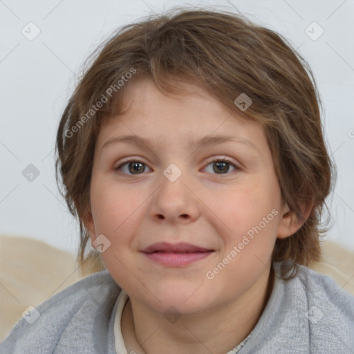 Joyful white child female with medium  brown hair and brown eyes