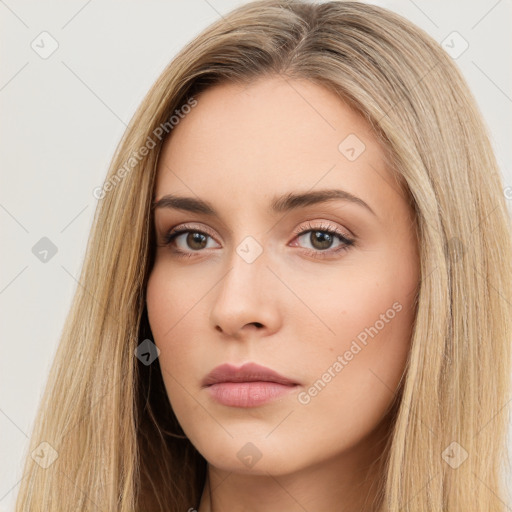 Neutral white young-adult female with long  brown hair and brown eyes