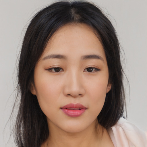 Neutral asian young-adult female with long  brown hair and brown eyes