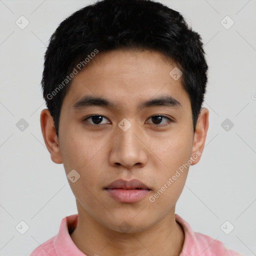 Neutral asian young-adult male with short  black hair and brown eyes