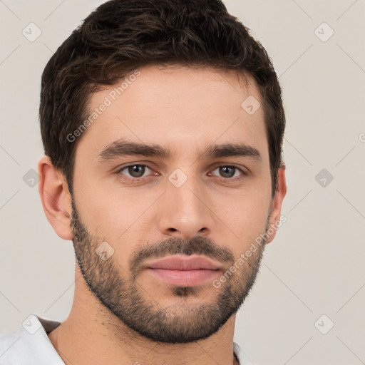 Neutral white young-adult male with short  brown hair and brown eyes