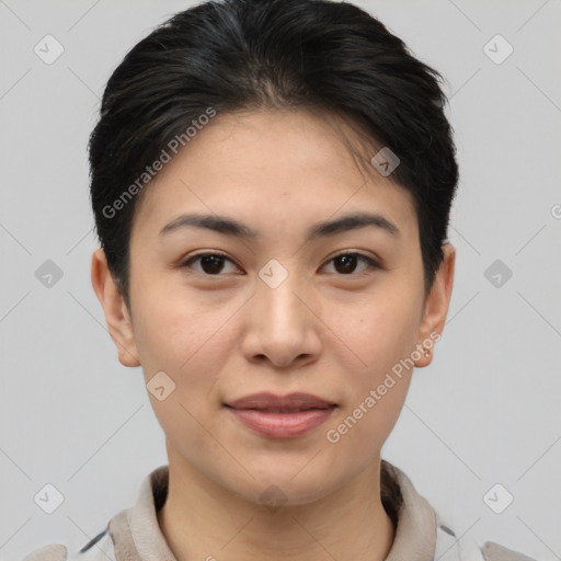 Joyful asian young-adult female with short  brown hair and brown eyes