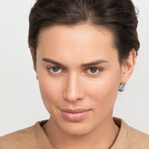 Neutral white young-adult female with short  brown hair and brown eyes