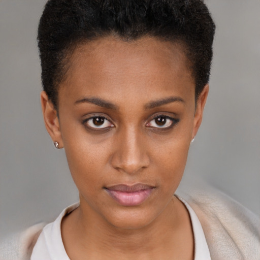 Neutral black young-adult female with short  brown hair and brown eyes