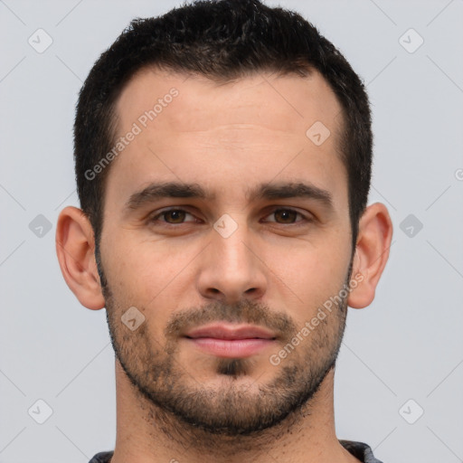 Joyful white young-adult male with short  brown hair and brown eyes