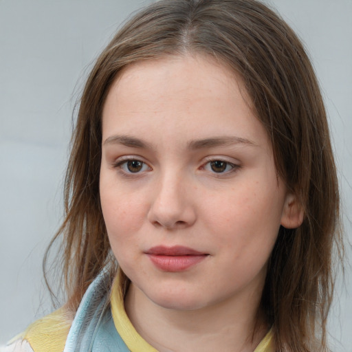 Neutral white young-adult female with medium  brown hair and brown eyes