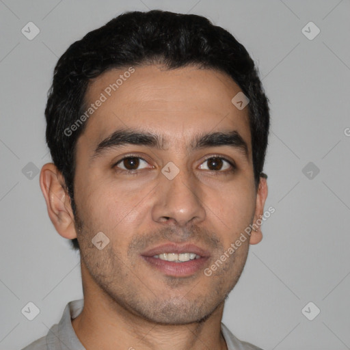 Neutral latino young-adult male with short  black hair and brown eyes