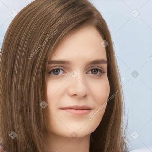 Neutral white young-adult female with long  brown hair and brown eyes