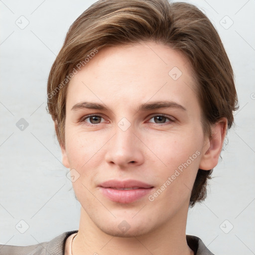 Joyful white young-adult female with short  brown hair and grey eyes