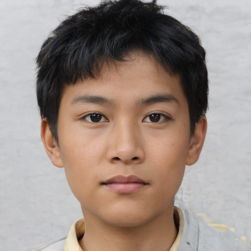 Neutral asian young-adult male with short  black hair and brown eyes
