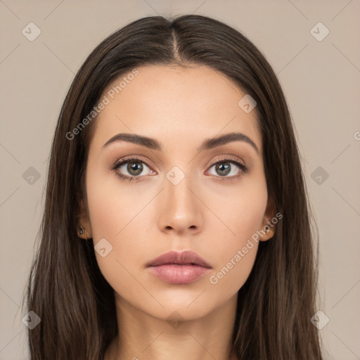 Neutral white young-adult female with long  brown hair and brown eyes