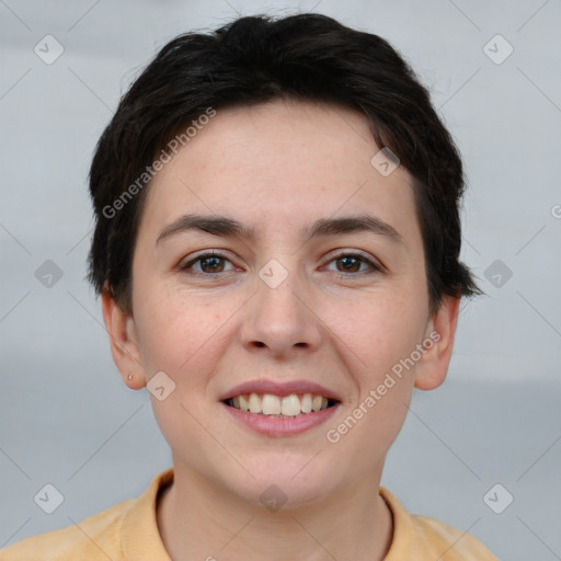 Joyful white young-adult female with short  brown hair and brown eyes