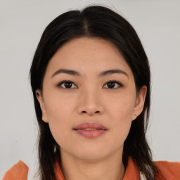 Neutral asian young-adult female with medium  black hair and brown eyes