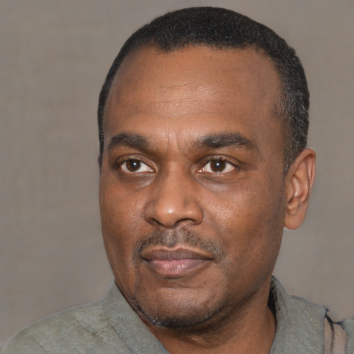 Neutral black adult male with short  black hair and brown eyes