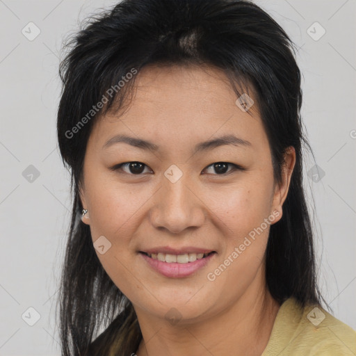 Joyful asian young-adult female with medium  brown hair and brown eyes