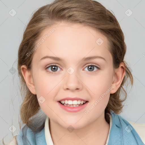 Joyful white child female with medium  brown hair and blue eyes