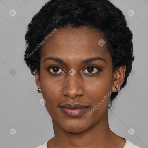 Neutral black young-adult female with short  black hair and brown eyes