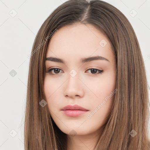 Neutral white young-adult female with long  brown hair and brown eyes