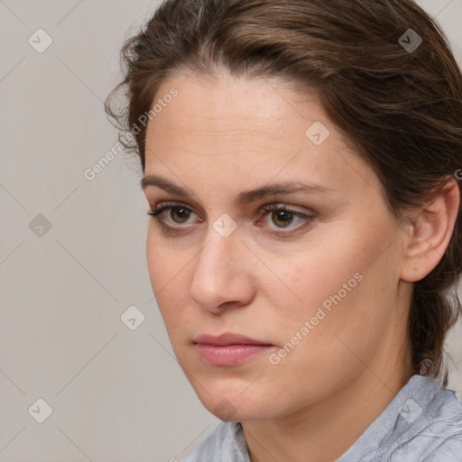 Neutral white young-adult female with medium  brown hair and brown eyes