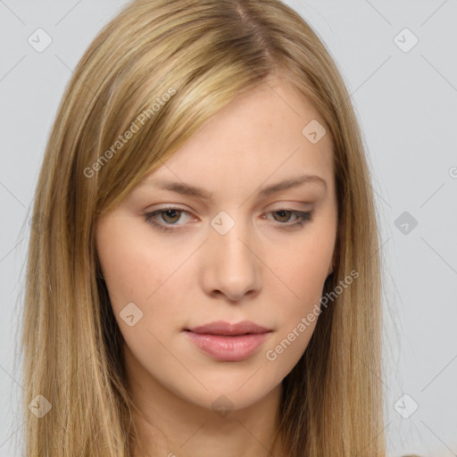 Neutral white young-adult female with long  brown hair and brown eyes