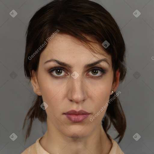 Neutral white young-adult female with medium  brown hair and brown eyes