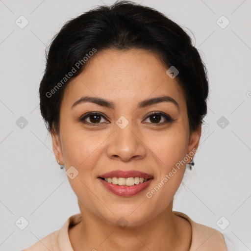 Joyful latino young-adult female with medium  brown hair and brown eyes