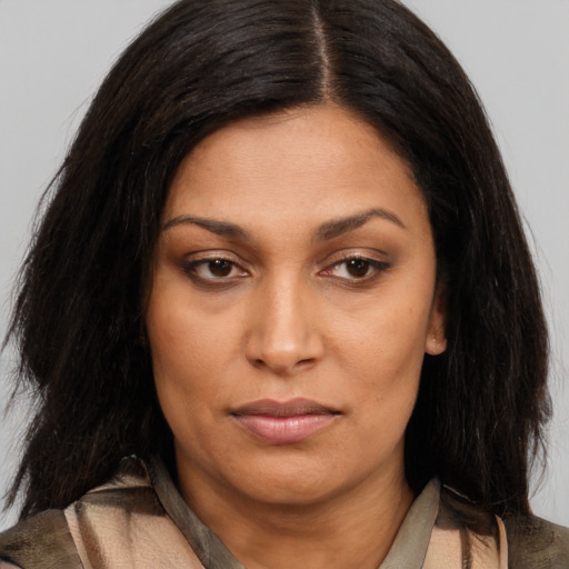 Neutral asian young-adult female with long  brown hair and brown eyes