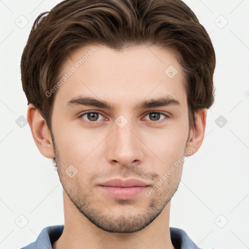 Neutral white young-adult male with short  brown hair and grey eyes