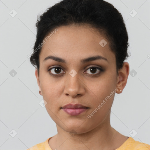 Neutral latino young-adult female with short  brown hair and brown eyes