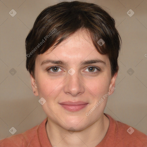 Joyful white young-adult female with short  brown hair and brown eyes