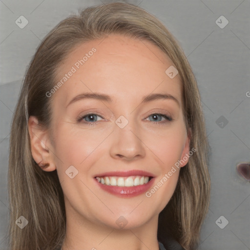 Joyful white young-adult female with long  brown hair and grey eyes