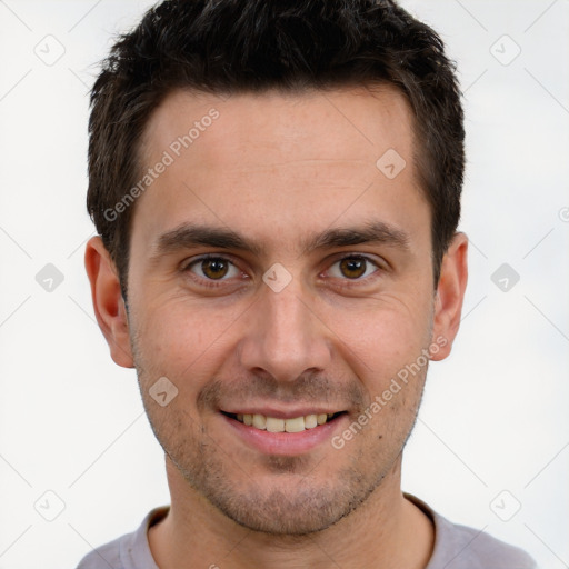 Joyful white young-adult male with short  brown hair and brown eyes