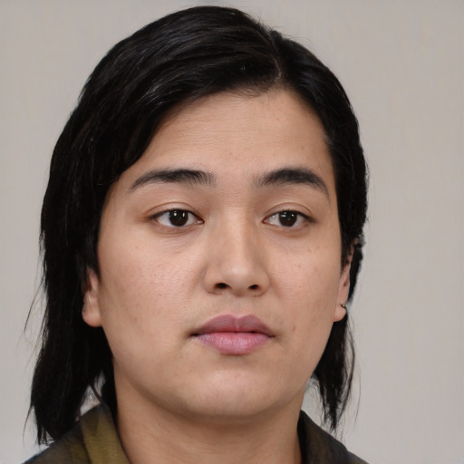 Neutral asian young-adult female with medium  brown hair and brown eyes