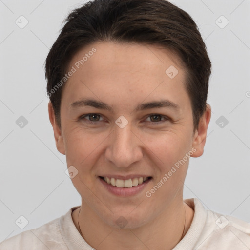 Joyful white young-adult female with short  brown hair and brown eyes