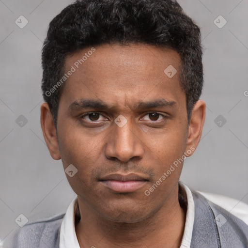 Neutral latino young-adult male with short  black hair and brown eyes