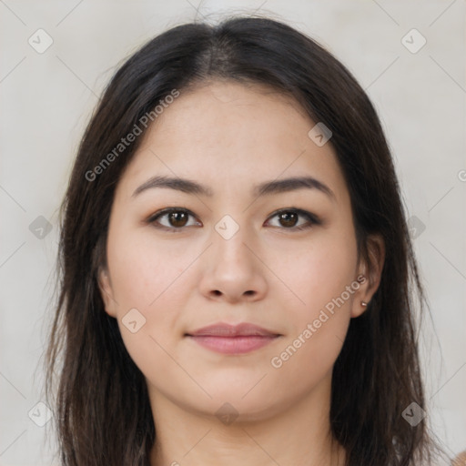 Joyful asian young-adult female with long  brown hair and brown eyes