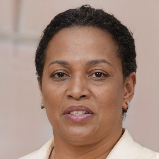 Joyful latino adult female with short  brown hair and brown eyes