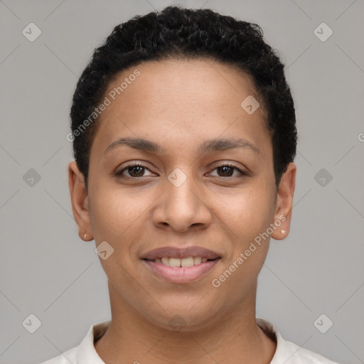 Joyful latino young-adult female with short  black hair and brown eyes